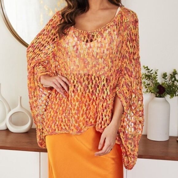 ⭐️⭐️Women’s Orange Multi-Color Open Knit One Size Pullover NWT - Picture 1 of 2